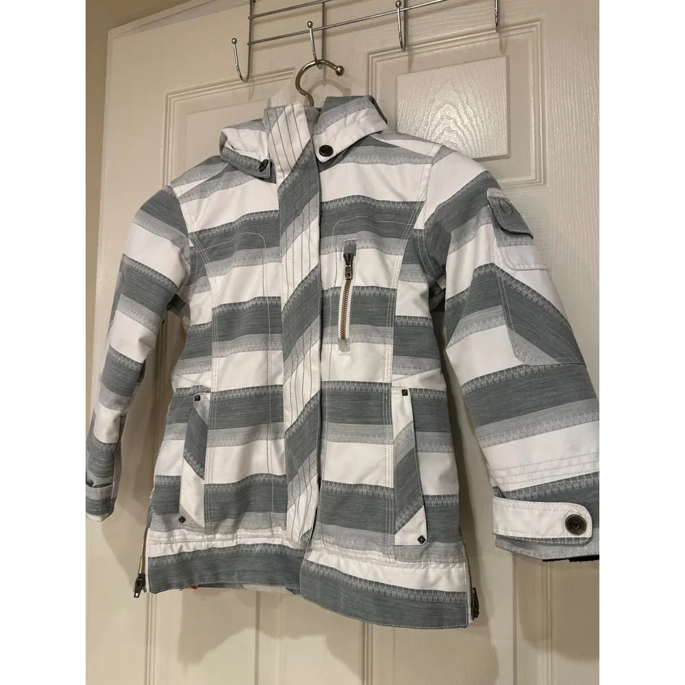 Obermeyer Kids Grey White Striped Insulated Ski Jacket Size 6 Juniors Hooded